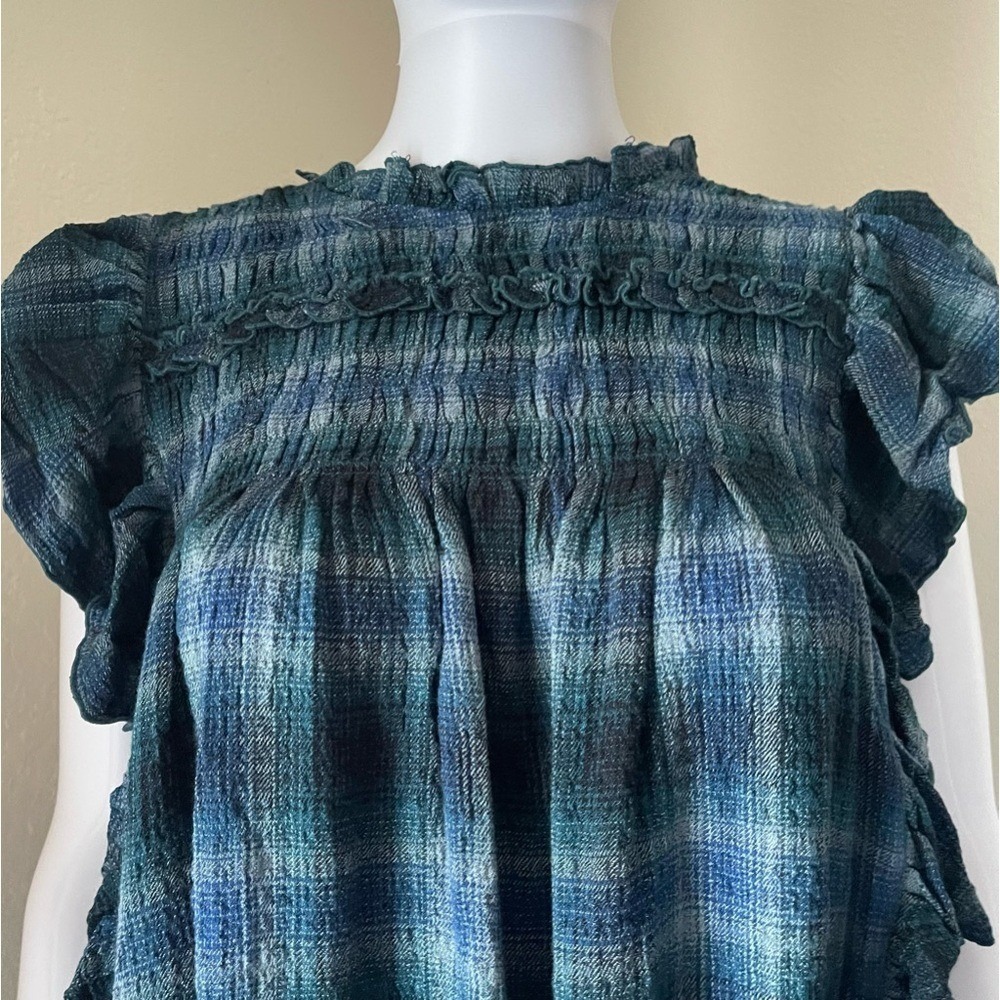 ⭐ Free People Blue Plaid Ruffle Trimmed Short Sleeve Smocked Neckline Blouse XS - Picture 3 of 13